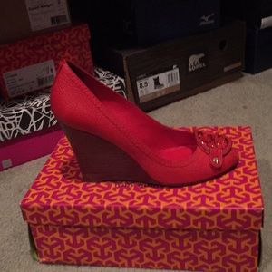 Tory Burch Lobster Red wedge open toe shoes.